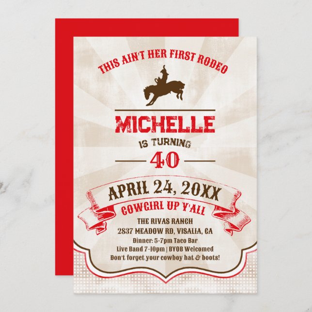 Cowgirl Rodeo Birthday Invitation for Adults (Front/Back)