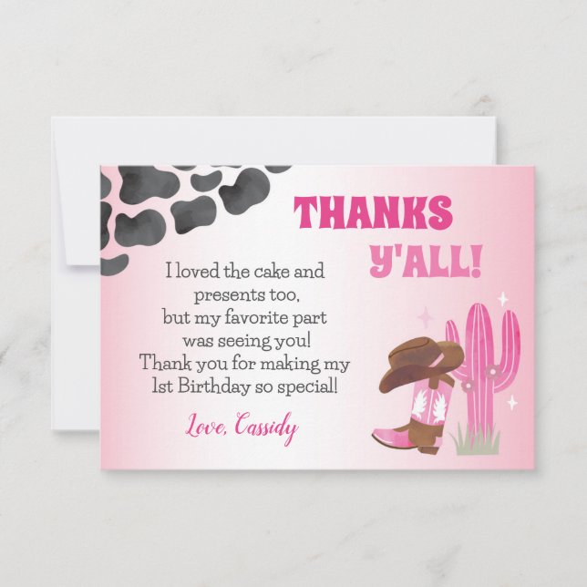 Cowgirl Rodeo Western 1st Birthday Thank You Cards (Front)