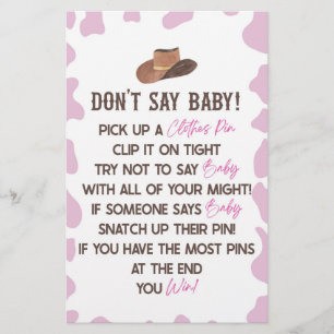 Cowgirl Rodeo Western Don't Say Baby Shower Game Stationery