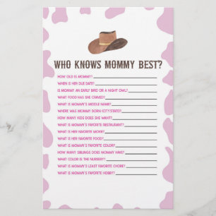 Cowgirl Rodeo Who Knows Mummy Baby Shower Game Stationery