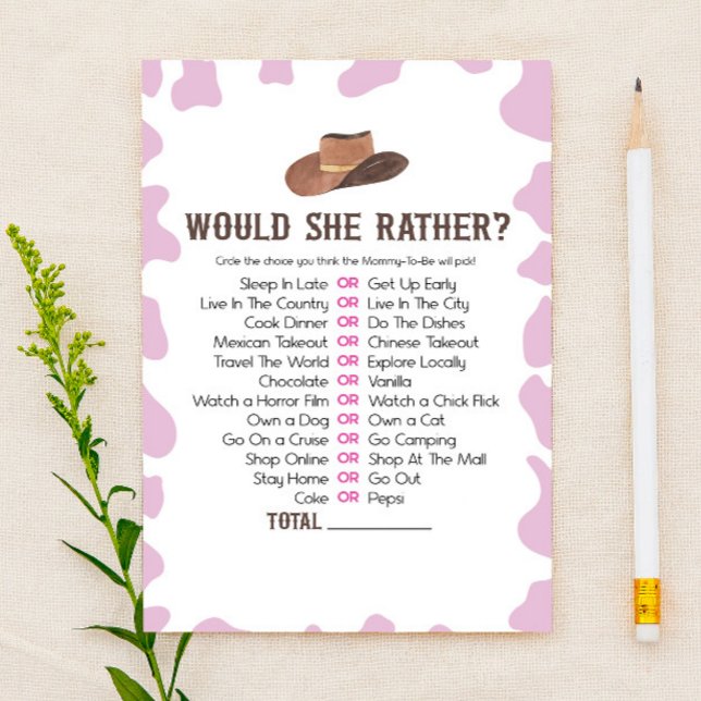 Cowgirl Rodeo Would She Rather Baby Shower Game Stationery (Creator Uploaded)