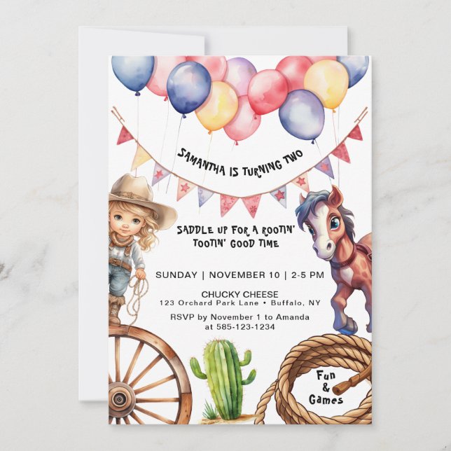 Cowgirl Rootin' Tootin' Time Birthday Invitation (Front)