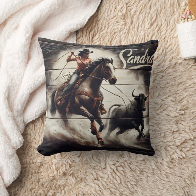 Cowgirl Roping a Bull at a Rodeo Event Cushion (Blanket)