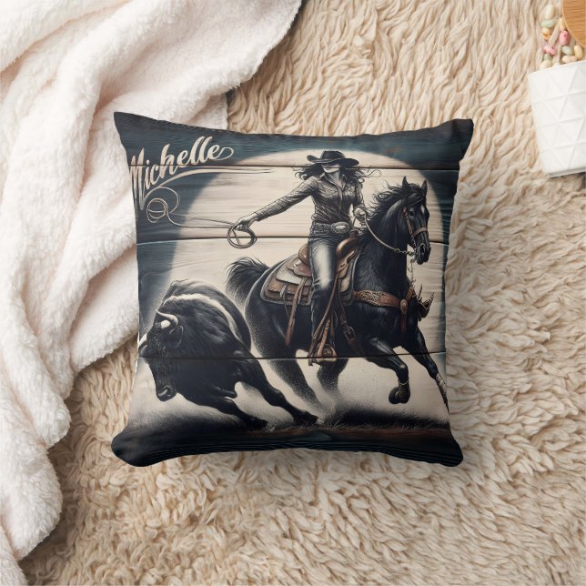 Cowgirl Roping a Bull at Sunset Rodeo Event Cushion (Blanket)