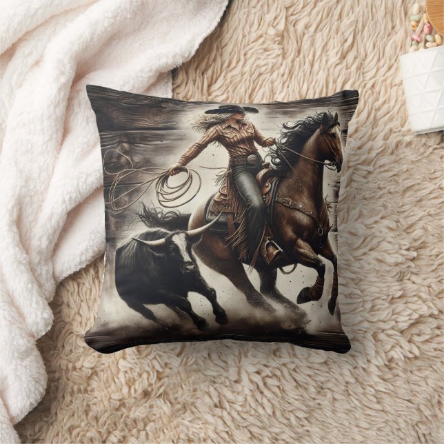 Cowgirl Roping a Steer at a Rodeo Event Cushion (Blanket)