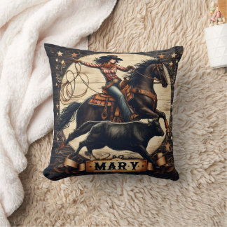 Cowgirl Roping a Steer at Rodeo Event Cushion