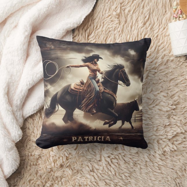 Cowgirl Roping Bull at Rodeo Event Cushion (Blanket)
