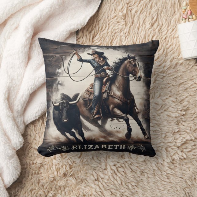 Cowgirl Roping Bull During Rodeo Competition Cushion (Blanket)