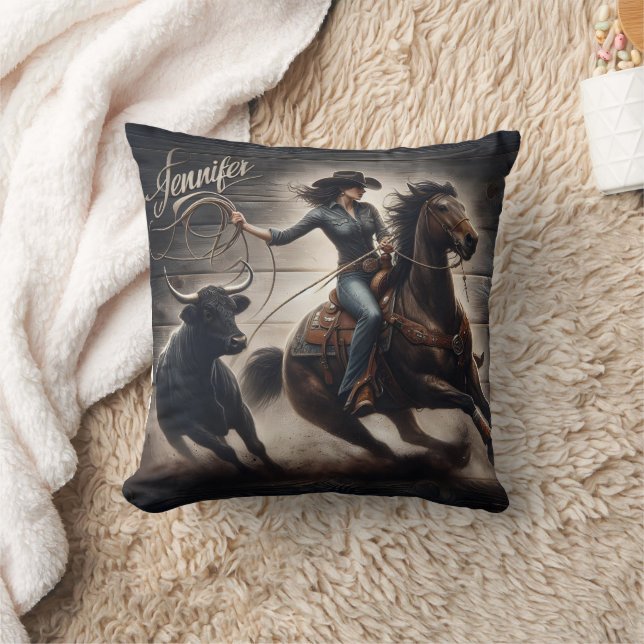 Cowgirl Roping Cattle at Afternoon Rodeo Cushion (Blanket)