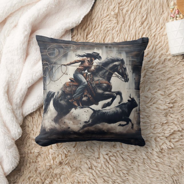 Cowgirl Roping Cattle at an Exciting Rodeo Cushion (Blanket)