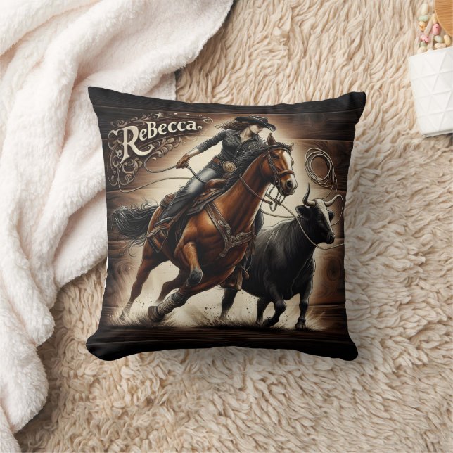 Cowgirl Roping Cattle at Local Rodeo Event Cushion (Blanket)