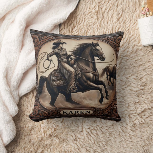 Cowgirl Roping Steer at Local Rodeo Event Cushion (Blanket)