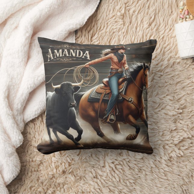 Cowgirl Roping Steer During Rodeo Event Cushion (Blanket)