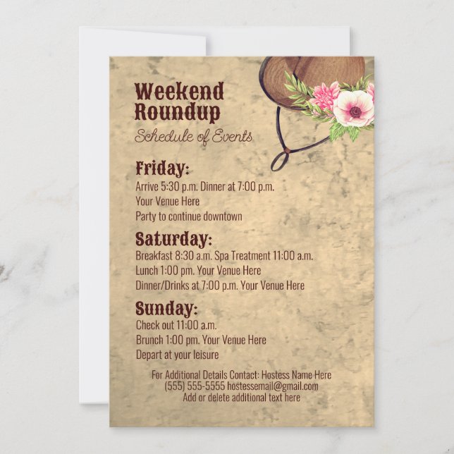 Cowgirl Rustic Floral Destination Party Itinerary Invitation (Front)