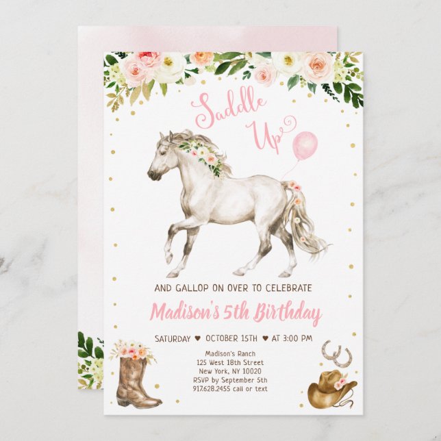 Cowgirl Saddle Up Horse Pony Birthday Invitation (Front/Back)