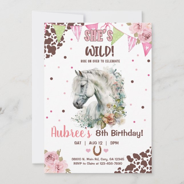 Cowgirl, saddle up, wild, white horse girl invite. invitation (Front)