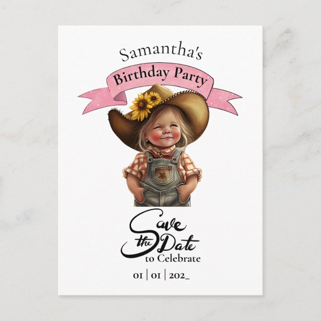 Cowgirl Save the Date Birthday Postcard (Front)
