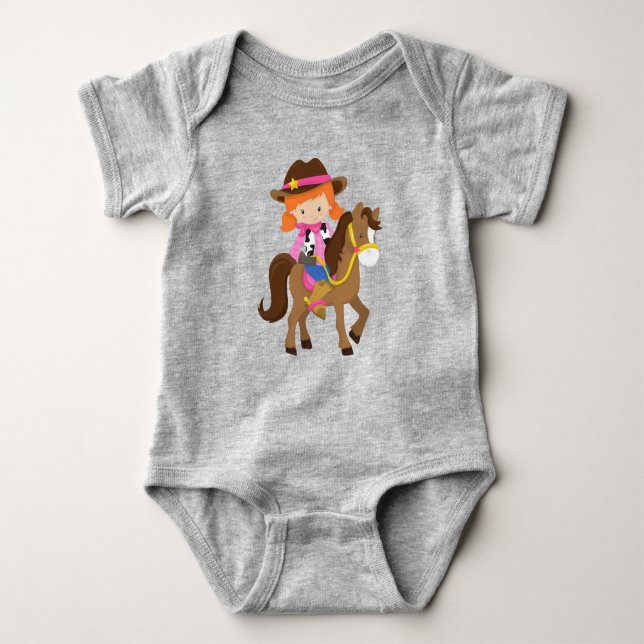 Cowgirl, Sheriff, Horse, Western, Orange Hair Baby Bodysuit (Front)