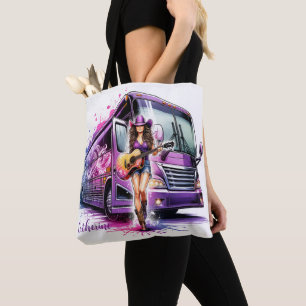 Cowgirl Singer with Guitar and Tour Bus Custom Tote Bag