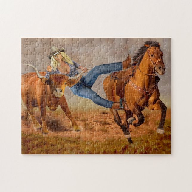 Cowgirl Steer Wrestling Jigsaw Puzzle (Horizontal)