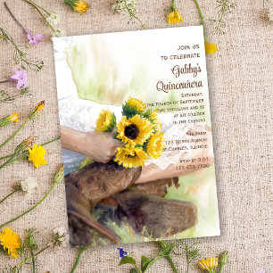 Cowgirl Sunflowers Western Watercolor Quinceañera Invitation