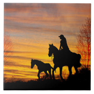 Cowgirl Sunset Horseback Ride Ceramic Tile