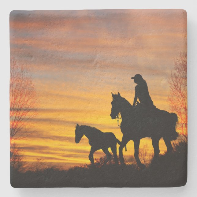 Cowgirl Sunset Horseback Ride Stone Coaster (Front)