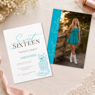 Cowgirl Teal Brown Photo Sweet 16 Birthday Invitation