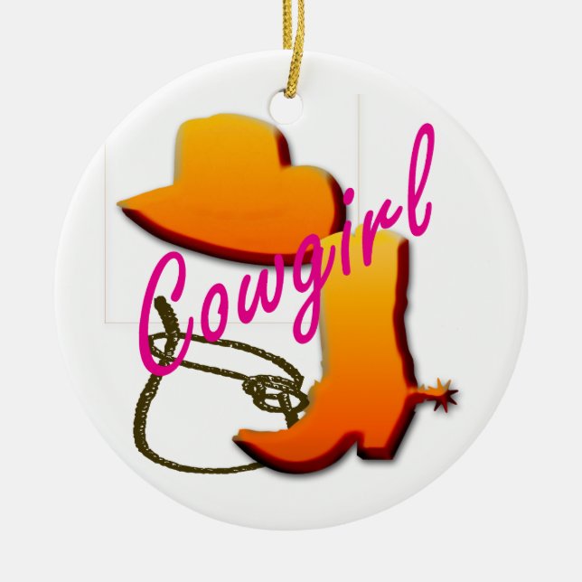 Cowgirl text with boot, hat, and rope design ceramic ornament (Front)