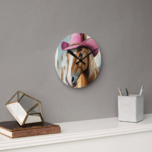 Cowgirl Time: Hot Pink Hat Horse Rustic Charm Round Clock