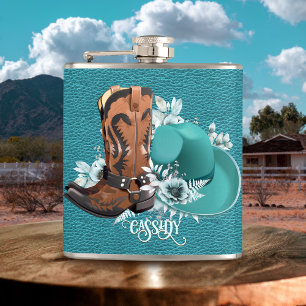 Cowgirl turquoise leather cowboy boots hat hip flask