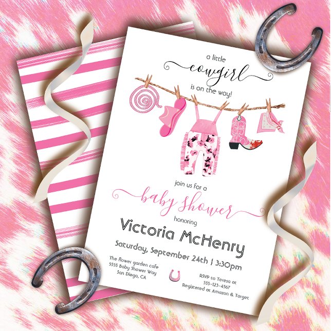 Cowgirl Western Baby Girl Clothesline Baby Shower Invitation (Creator Uploaded)