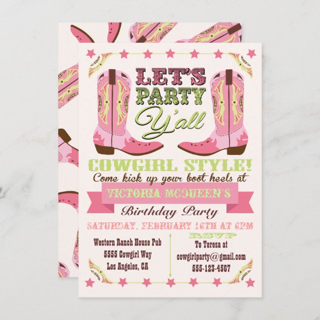 Cowgirl Western Birthday Party Invitations (Front/Back)