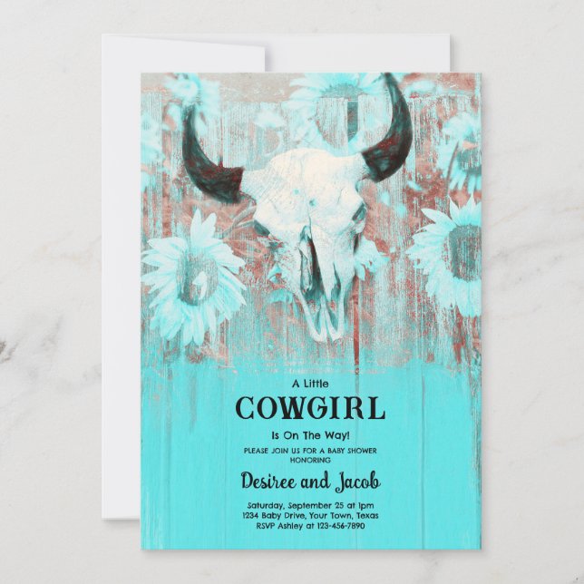 Cowgirl Western Country Floral Teal Baby Shower Invitation (Front)