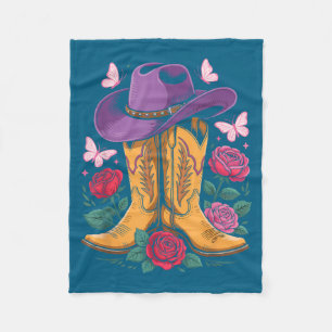 Cowgirl Western Cowboy Hat Boots With Roses Countr Fleece Blanket