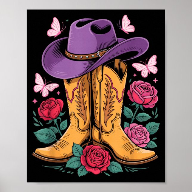 Cowgirl Western Cowboy Hat Boots With Roses Countr Poster (Front)