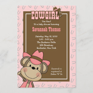 Cowgirl Western Monkey 5x7 Baby Shower Invitation