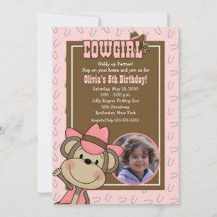 Cowgirl Western Monkey 5x7 *PHOTO* Birthday Invitation