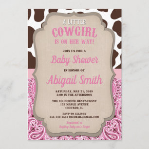 Cowgirl western pink and brown girl baby shower invitation