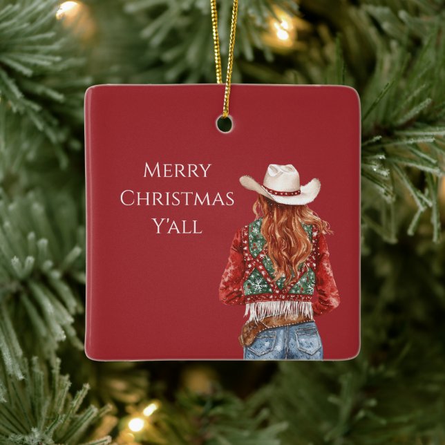 Cowgirl Western Red Hair Christmas   Ceramic Ornament (Tree)