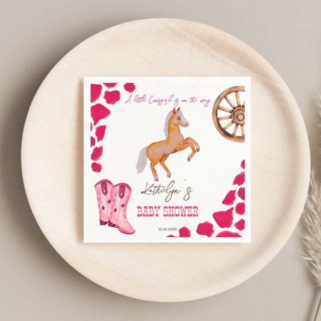 Cowgirl western rodeo cute baby shower pink napkin (Cowgirl western rodeo baby shower pink customized napkins template  cute baby horse pink cow pattern)