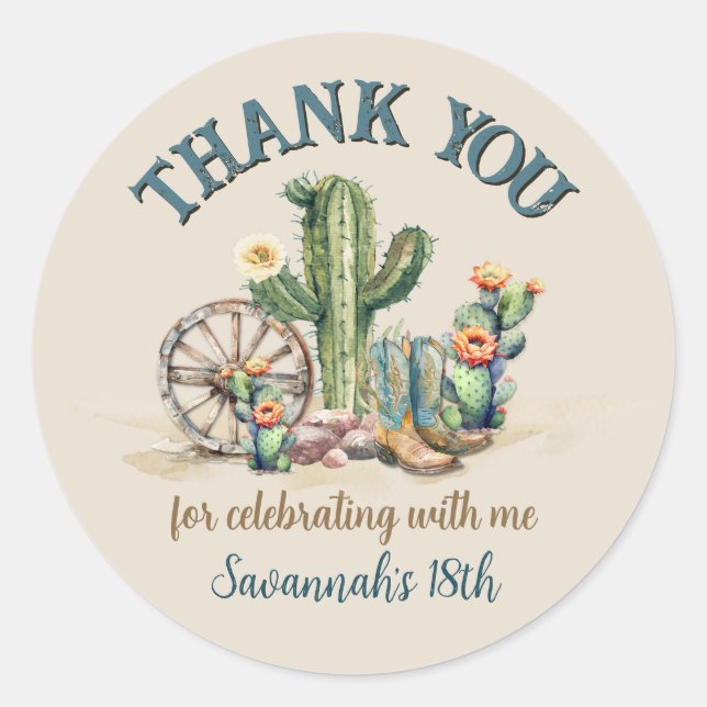Cowgirl Western Rodeo Theme Thank You Classic Round Sticker (Front)