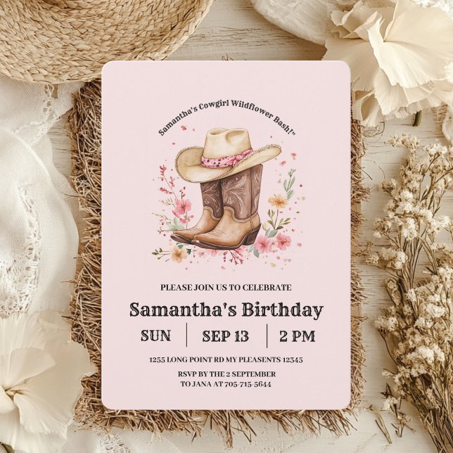 Cowgirl Wildflowers Bash Birthday | Pink Western  Invitation (Creator Uploaded)