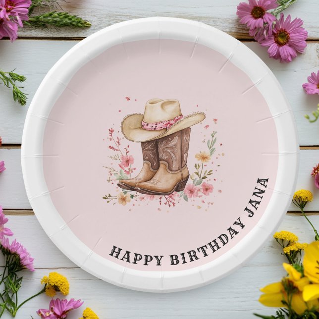 Cowgirl Wildflowers Bash Birthday | Pink Western Paper Plate (Creator Uploaded)