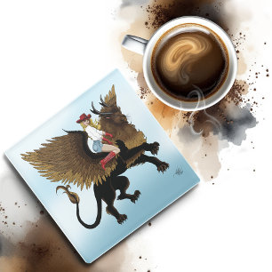 Cowgirl Winged Lion Fantasy Red Glass Coaster