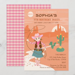 Cowgirl with a lasso and cacti Kids Birthday Party Invitation