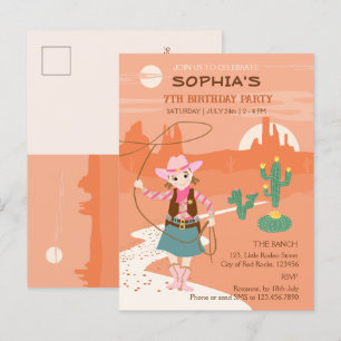 Cowgirl with a lasso and cacti Kids Birthday Party Invitation Postcard