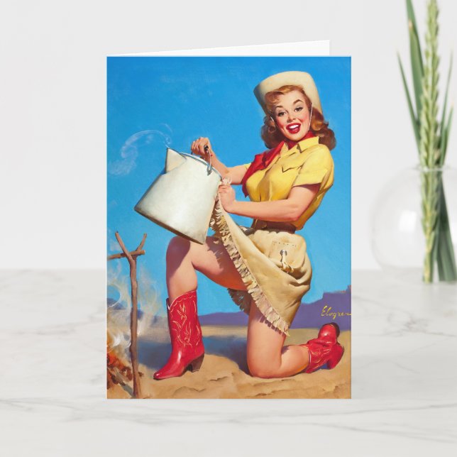 Cowgirl with Coffee Pin Up Card (Front)
