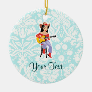 Cowgirl with Guitar; Cute Ceramic Ornament