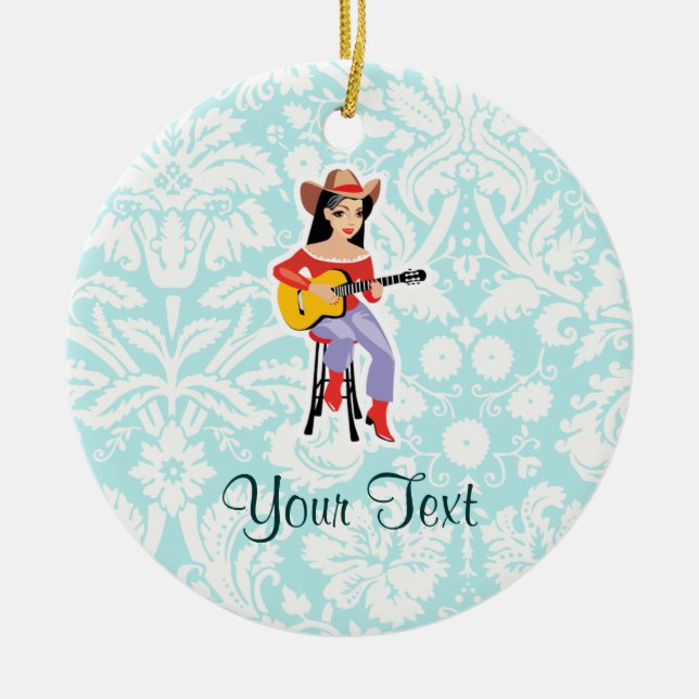 Cowgirl with Guitar; Cute Ceramic Ornament (Front)
